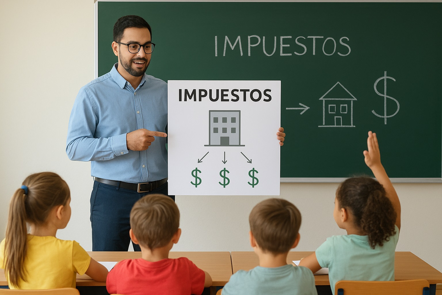 Impuestos para niños: estrategia educativa para explicar el financiamiento de escuelas, hospitales y parques. FOTO: ChatGPT (Inteligencia Artificial).