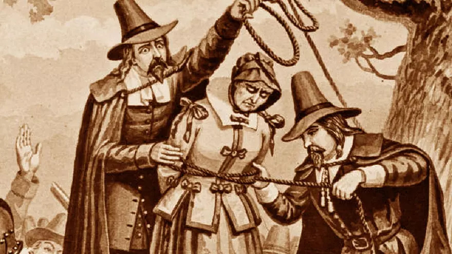 Una estampa de ejecución de una mujer en una Caza de Brujas.
