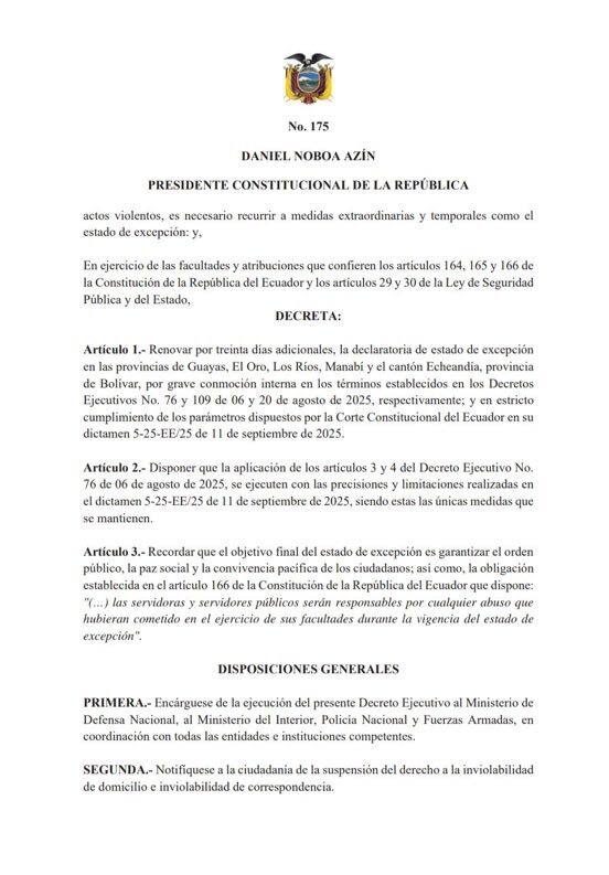 Decreto #175 firmado por el presidente Daniel Noboa 