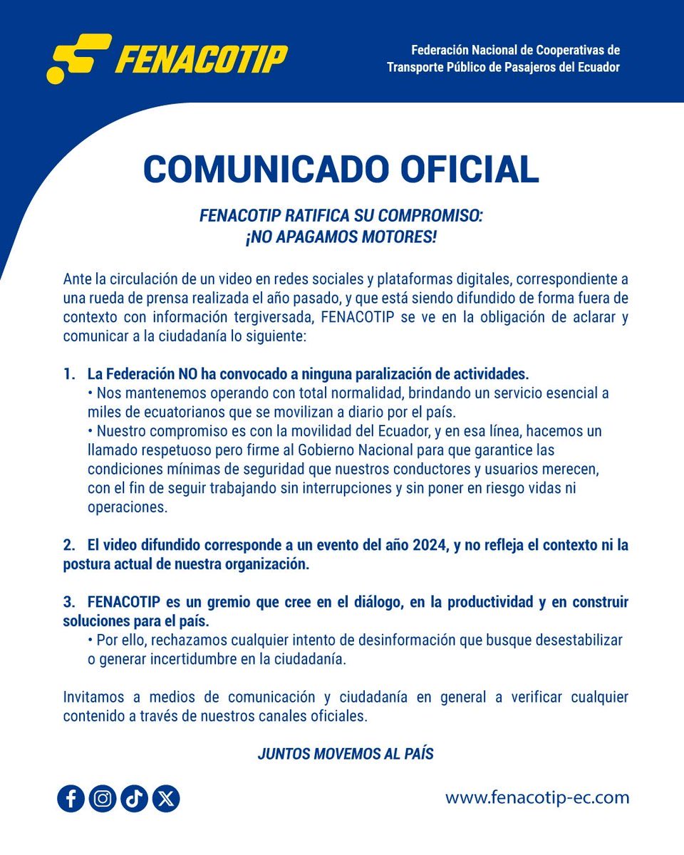Comunicado emitido por la FENACOTIP