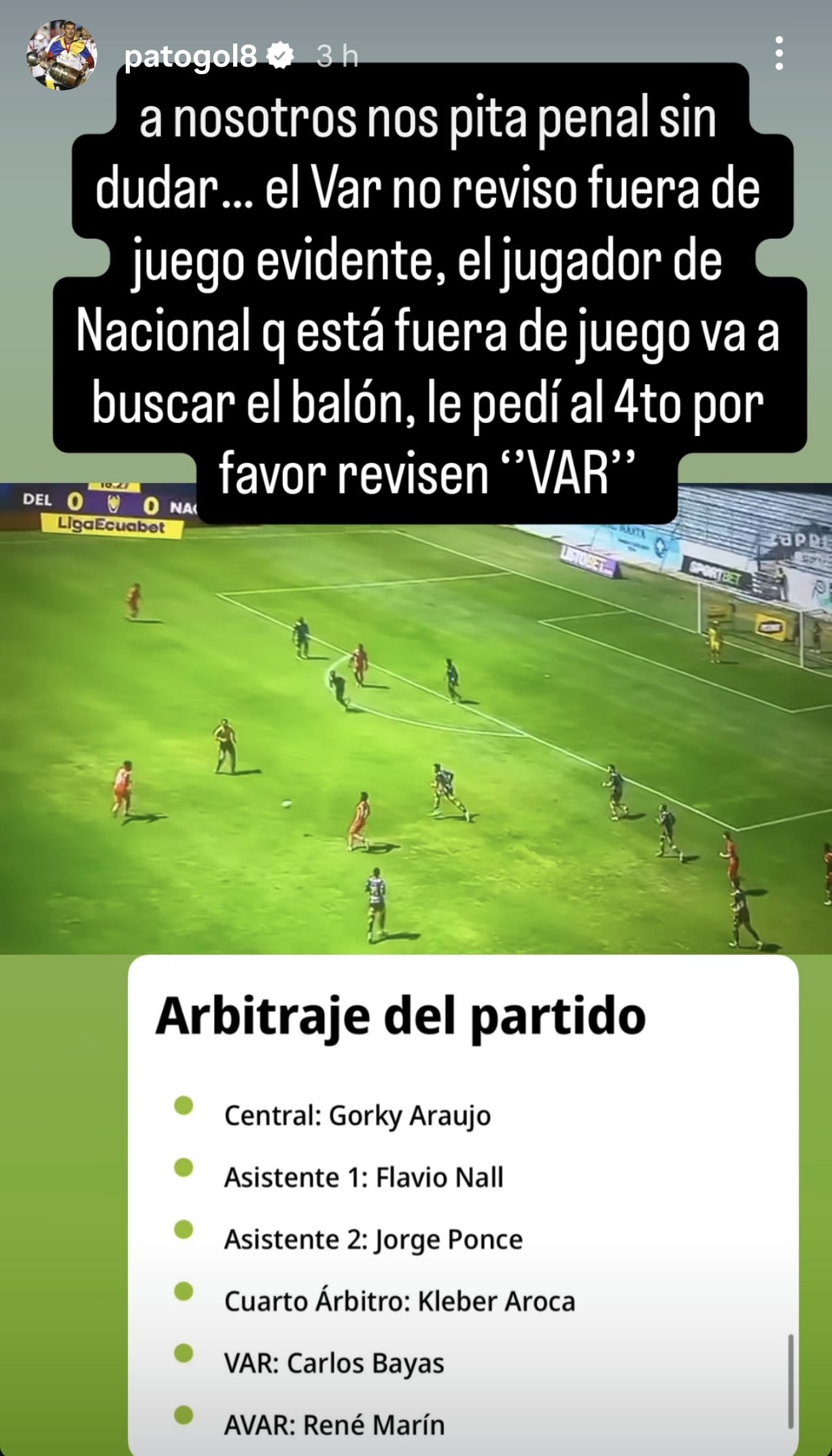 A través de su cuenta de Instagram, Patricio Urrutia mostró su malestar con el arbitraje y el VAR. FOTO: Captura de pantalla del Instagram de Patricio Urrutia.