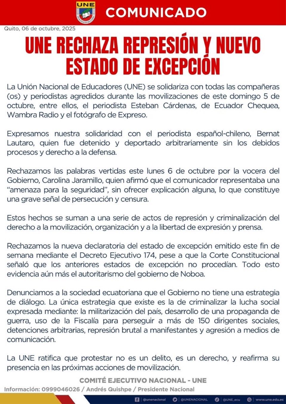 Comunicado emitido por la UNE 