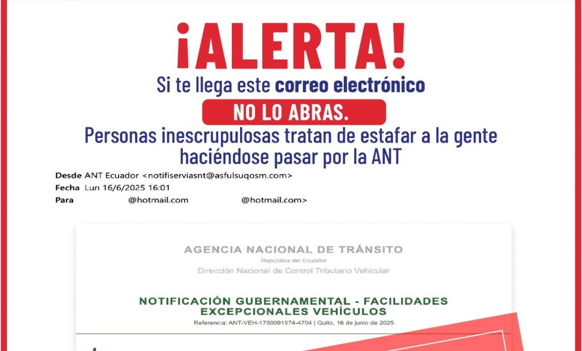 ANT advierte sobre correos falsos con notificaciones de deudas por infracciones de tránsito