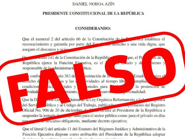 Alerta Ecuador: Falso Decreto Ejecutivo de feriado nacional circula en las redes sociales.
