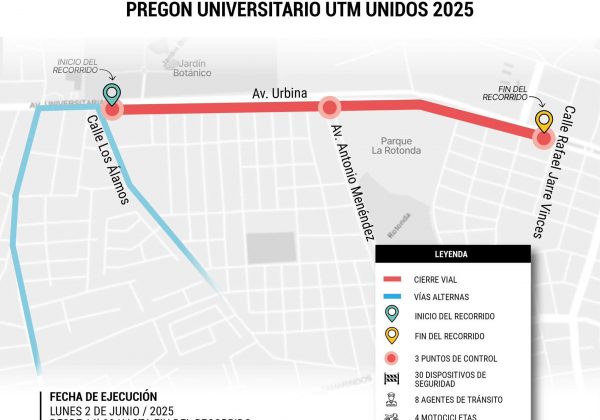 ¡Atención¡ Avenida Urbina estará cerrada desde las 14h00 por pregón de la UTM