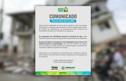COE cantonal de Esmeraldas dispuso suspender las actividades este viernes, 25 de abri, tras el fuerte temblor que deja daños