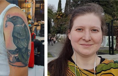 Una imagen del día en que Juan Pablo Trampuz se tatuó el cuervo en 2020, y de Alexandra Elbakyan, la fundadora de Sci-Hub.