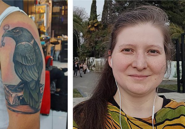Una imagen del día en que Juan Pablo Trampuz se tatuó el cuervo en 2020, y de Alexandra Elbakyan, la fundadora de Sci-Hub.