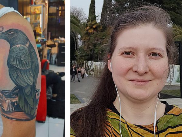 Una imagen del día en que Juan Pablo Trampuz se tatuó el cuervo en 2020, y de Alexandra Elbakyan, la fundadora de Sci-Hub.