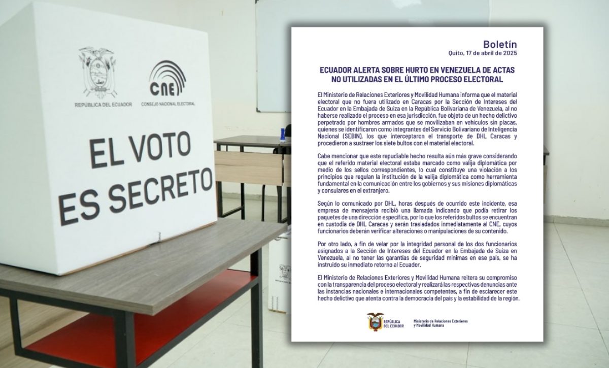 Cancillería de Ecuador denuncia el robo de material electoral no utilizado en las elecciones del domingo en Venezuela