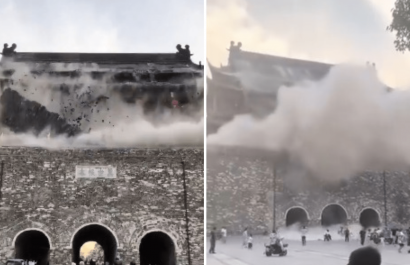 Colapsa la Torre del Tambor de Fengyang, China, tras un año de su restauración
