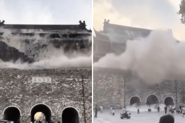 Colapsa la Torre del Tambor de Fengyang, China, tras un año de su restauración