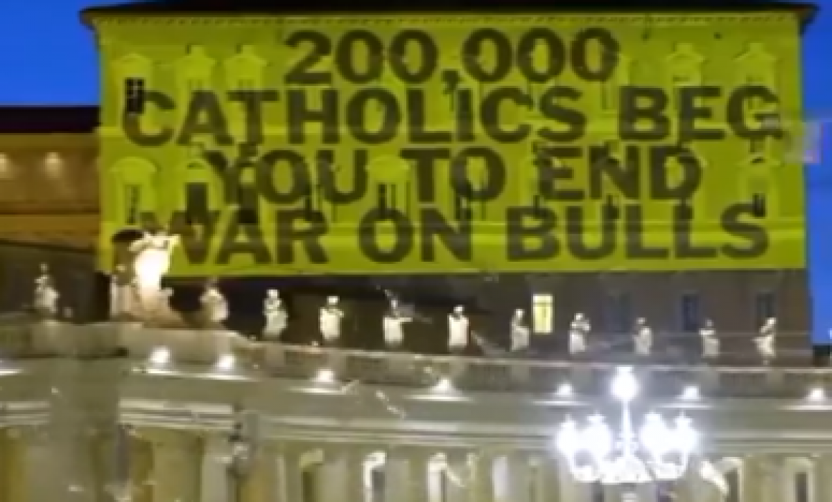 Colectivo animalista proyecta imágenes contra las corridas de toros en el Vaticano