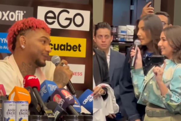 El boxeador Michael Morales y la influencer Gigi Mieles durante rueda de prensa