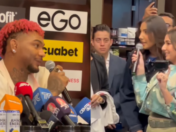El boxeador Michael Morales y la influencer Gigi Mieles durante rueda de prensa