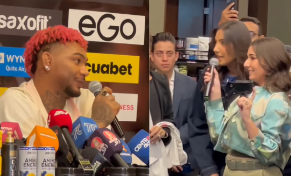 El boxeador Michael Morales y la influencer Gigi Mieles durante rueda de prensa