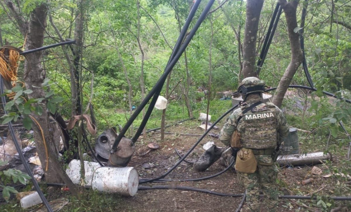 Un militar durante el desmantelamiento de un laboratorio para la fabricación de metanfetaminas en Carricitos, Durango, en el norte de México