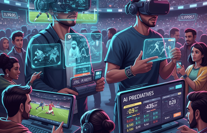 Ilustración futurista de personas usando realidad virtual y análisis de datos para apuestas deportivas en un estadio.
