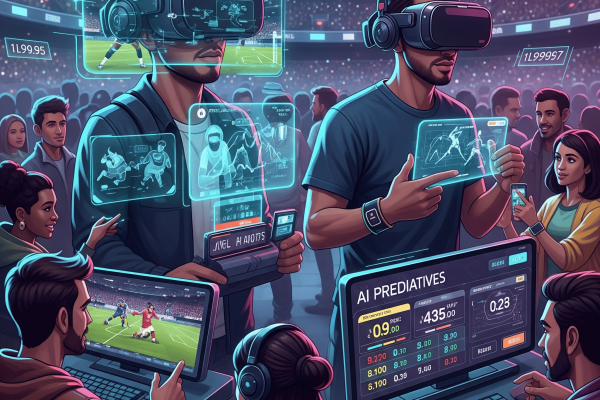 Ilustración futurista de personas usando realidad virtual y análisis de datos para apuestas deportivas en un estadio.