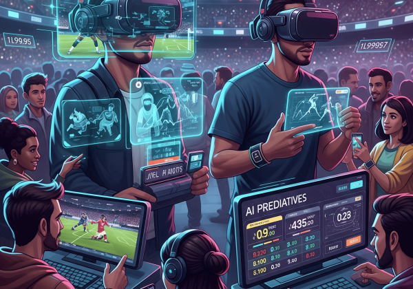 Ilustración futurista de personas usando realidad virtual y análisis de datos para apuestas deportivas en un estadio.