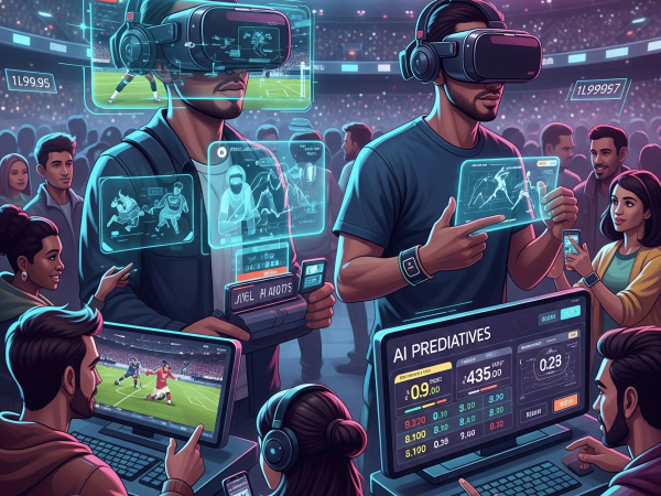 Ilustración futurista de personas usando realidad virtual y análisis de datos para apuestas deportivas en un estadio.