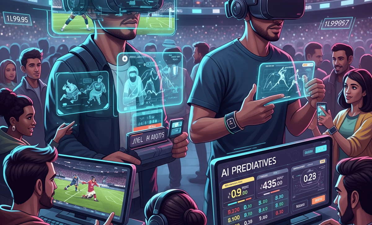 Ilustración futurista de personas usando realidad virtual y análisis de datos para apuestas deportivas en un estadio.