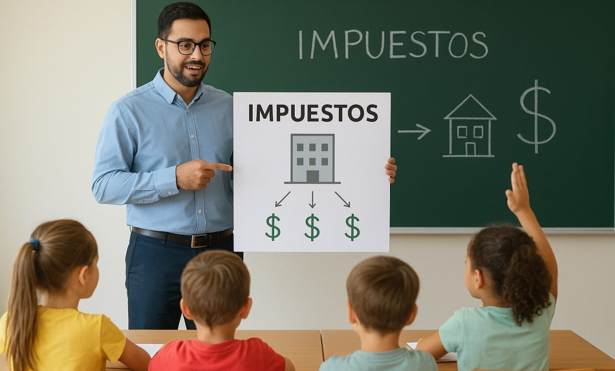 Impuestos para niños: estrategia educativa para explicar el financiamiento de escuelas, hospitales y parques. FOTO: ChatGPT (Inteligencia Artificial).