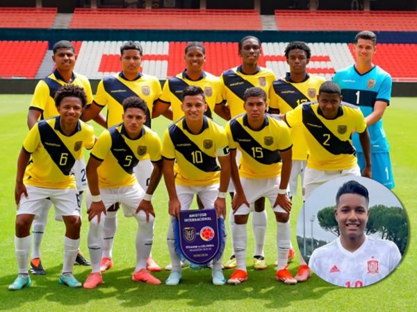 Jeremy Arevalo con la selección sub 20 de Ecuador y con la selección de España en el círculo
