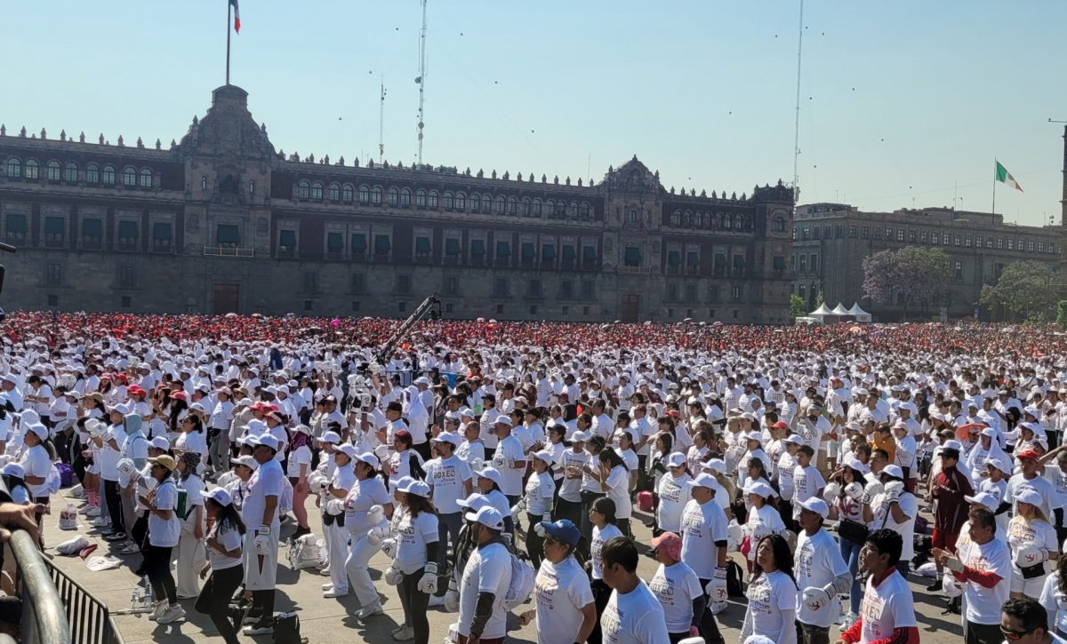 México organiza clase masiva de boxeo en el Zócalo para combatir violencia y adicciones entre los jóvenes.