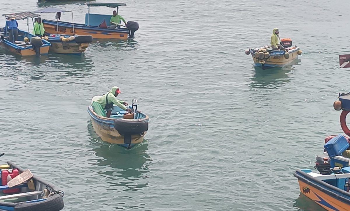 Varios pescadores en el área frente al Yacht Club, que esta mañana rechazaron la eliminación al subsidio del diésel 2.