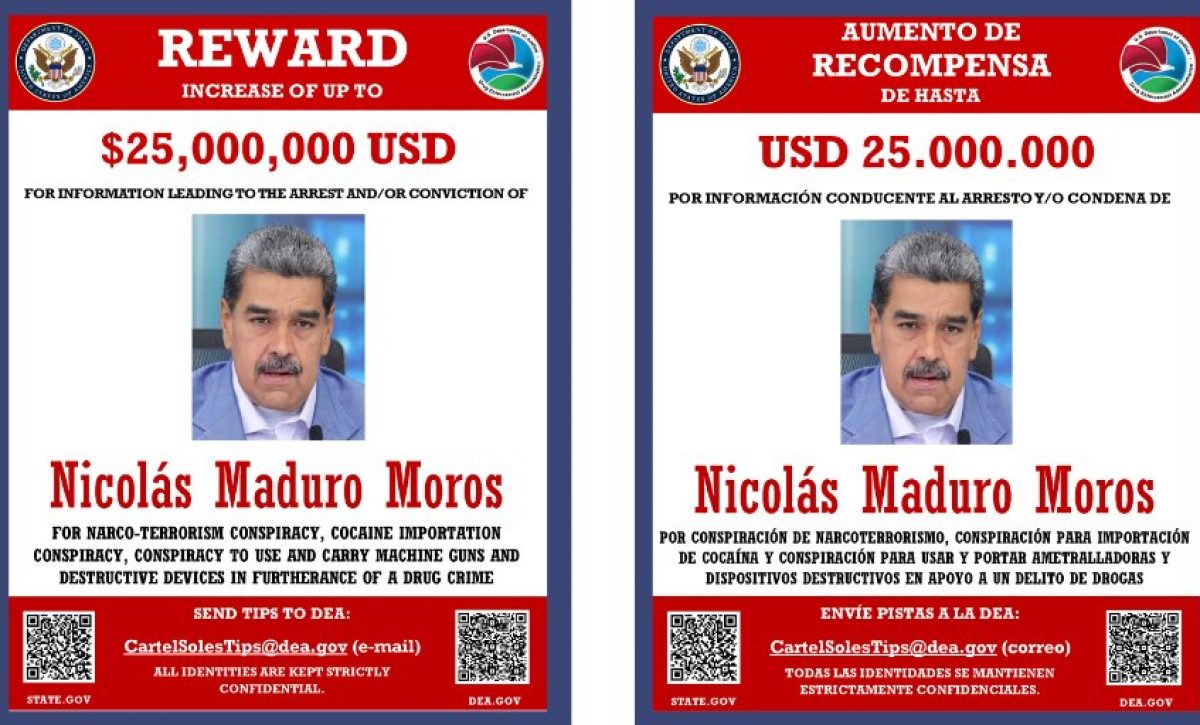 La DEA ofrece $25 millones de recompensa por la captura de Nicolás Maduro, presidente de Venezuela