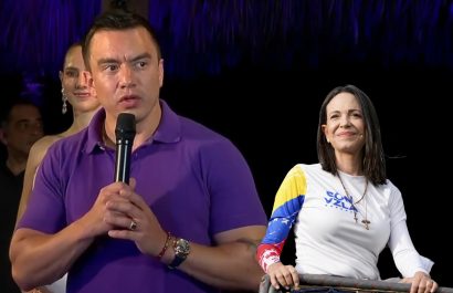 María Corina Machado, líder opositora al régimen de Nicolás Maduro en Venezuela, felicita a Daniel Noboa por su triunfo en la segunda vuelta electoral.