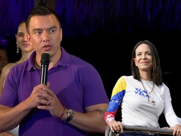 María Corina Machado, líder opositora al régimen de Nicolás Maduro en Venezuela, felicita a Daniel Noboa por su triunfo en la segunda vuelta electoral.