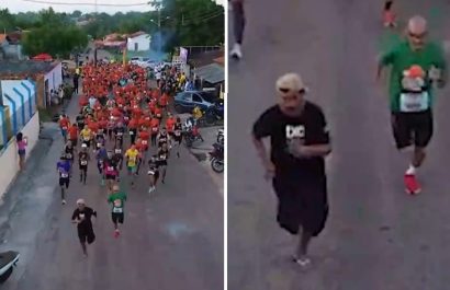 Un hombre borracho y usando chanclas o zapatillas se sorprendió al unirse espontáneamente a un maratón en Brasil.