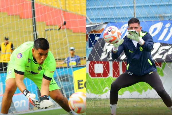 Walter Chévez (izq.) y Brian Heras, arqueros del Manta FC y Delfín SC.