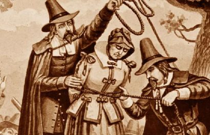 Una estampa de ejecución de una mujer en una Caza de Brujas.