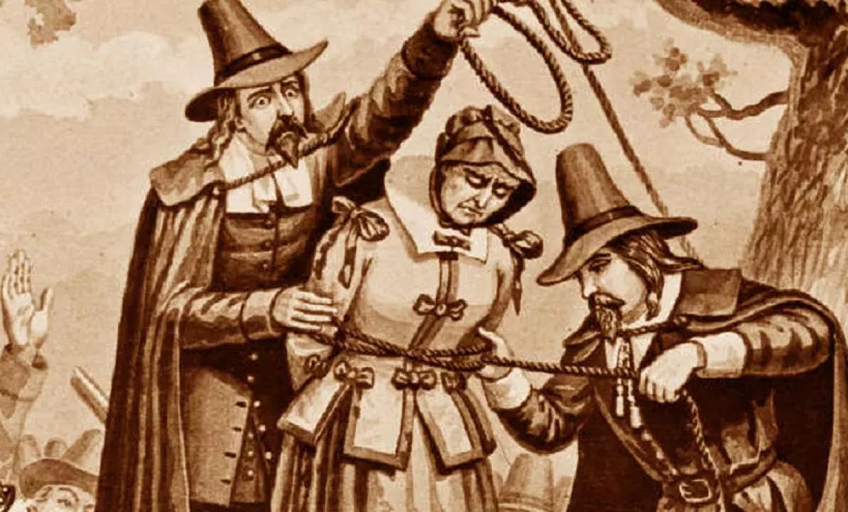 Una estampa de ejecución de una mujer en una Caza de Brujas.