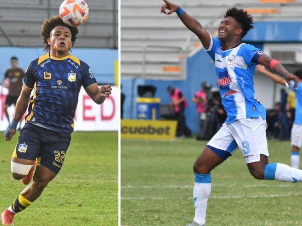 Erick Mendoza y Daniel Valencia, delanteros de Delfín y Manta respectivamente.