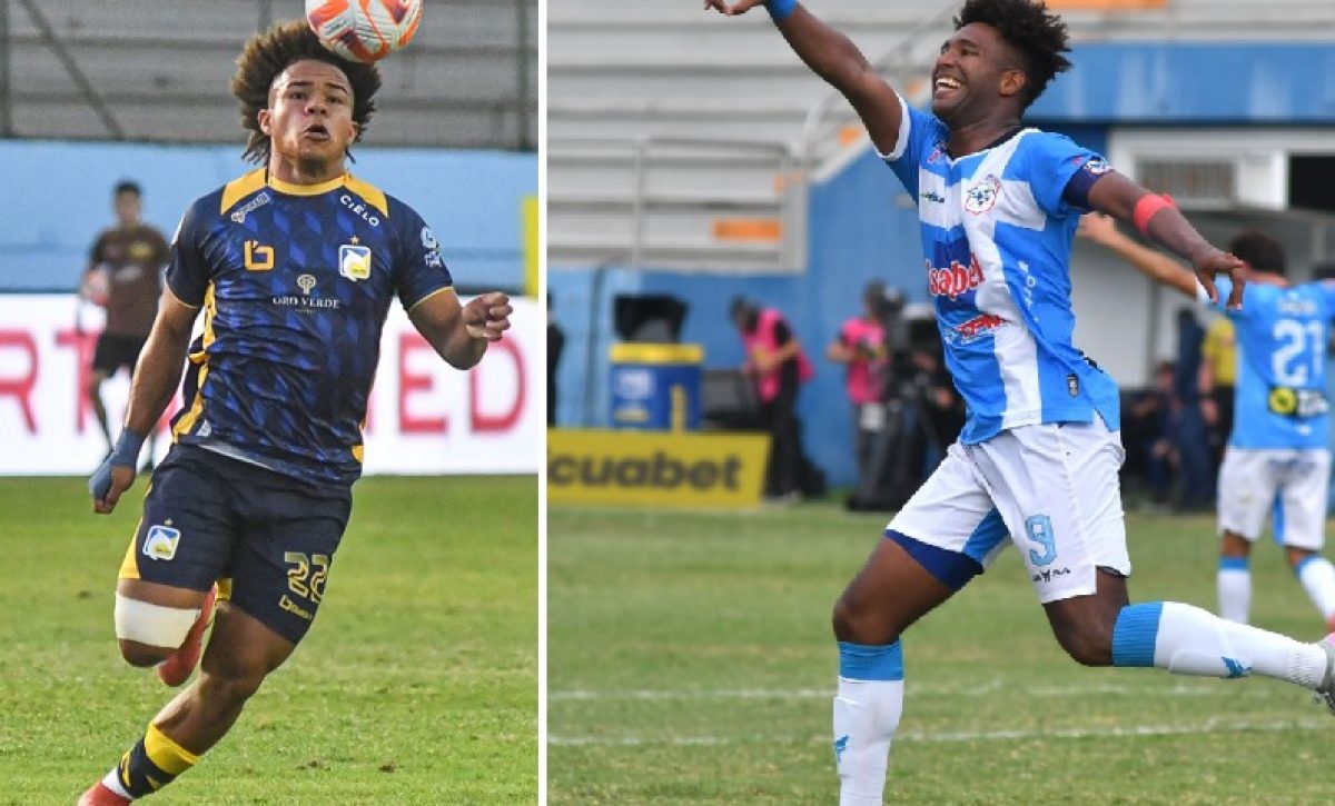 Erick Mendoza y Daniel Valencia, delanteros de Delfín y Manta respectivamente.