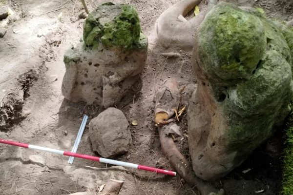 Dos esculturas antropomórficas de forma o apariencia humana que "representan a una pareja ancestral", descubiertas en el yacimiento arqueológico de Uaxactún, en la Reserva de la Biosfera Maya, departamento de Petén, Guatemala FOTO: AFP