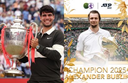 Los tenistas Carlos Alcaraz y Alexander Bublik con sus respectivos trofeos