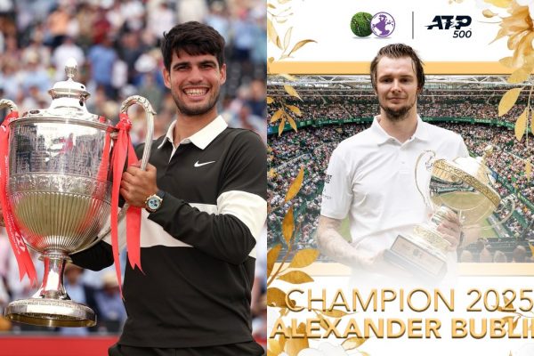 Los tenistas Carlos Alcaraz y Alexander Bublik con sus respectivos trofeos
