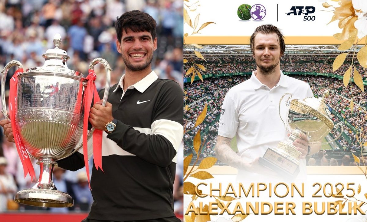 Los tenistas Carlos Alcaraz y Alexander Bublik con sus respectivos trofeos