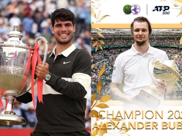 Los tenistas Carlos Alcaraz y Alexander Bublik con sus respectivos trofeos
