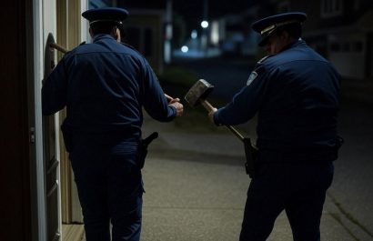 Individuos disfrazados de policías intentaron tumbar la puerta de una casa para secuestrar a un hombre.