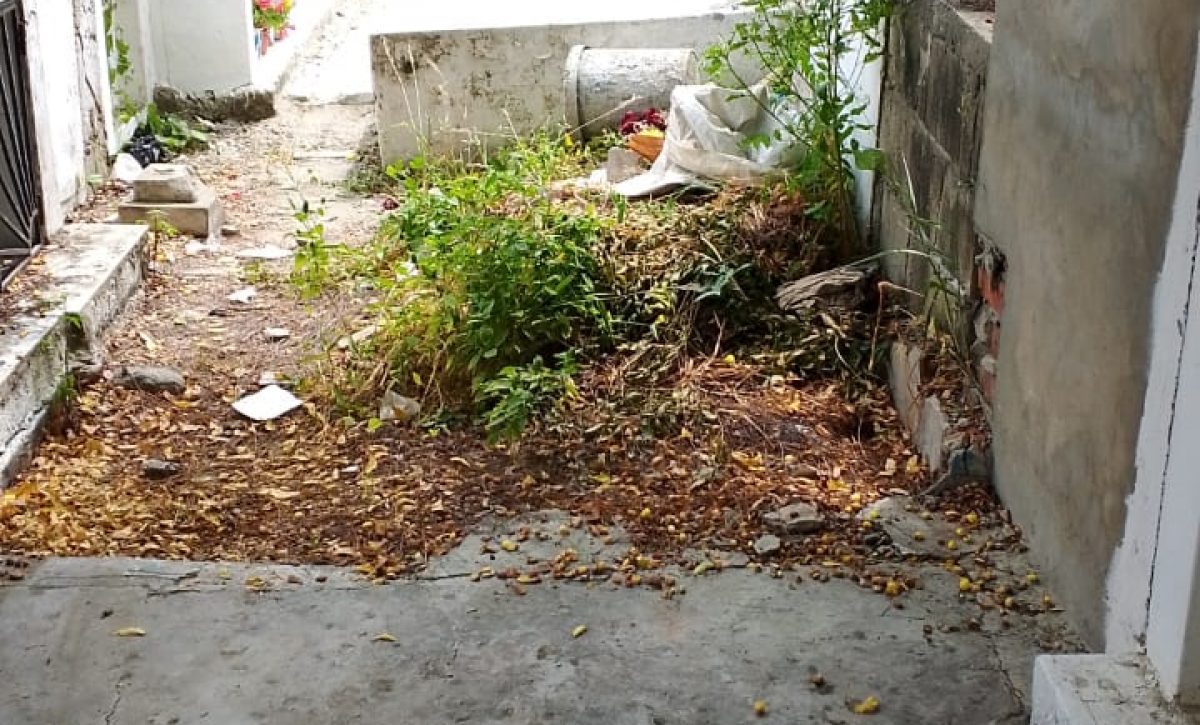 Las hojas secas, la basura y flores viejas son dejadas fuera de los tanques de basura en el cementerio general.