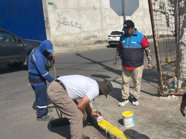 Vecinos de la avenida 108 en Los Esteros mientras pintan los bordillos para mejorar la imagen del sector.