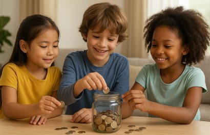 Niños aprenden a fijar metas financieras y valorar el ahorro desde casa. FOTO: Inteligencia Artificial (ChatGPT).