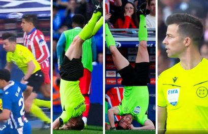 Momento viral en el Espanyol-Atlético Giuliano Simeone se llevo enredado al juez de línea
