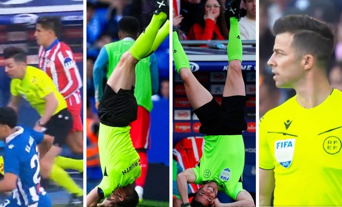 Momento viral en el Espanyol-Atlético Giuliano Simeone se llevo enredado al juez de línea